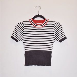Black and White Striped Crop Top with Red Collar